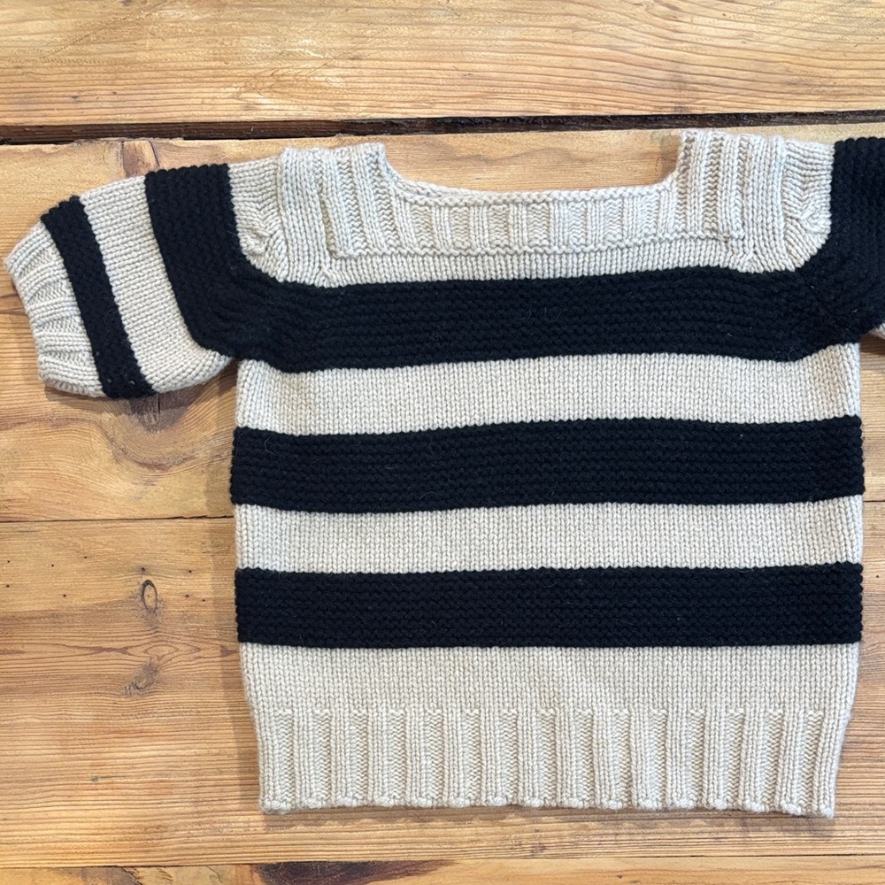 BONPOINT 4 Tan/Black Stripe Boatneck Short Puff Slv 100% Merino Wool Sweater Top